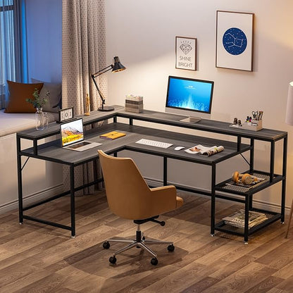 L-Shaped Desk with Monitor Shelf,Corner Computer Desk with Storage, Gray