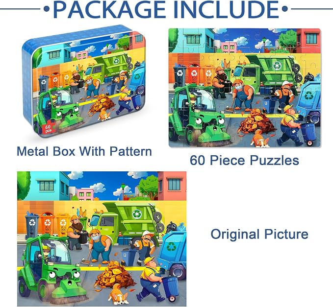 LELEMON Ocean Puzzles for Kids Ages 4-6,Recycling Garbage Truck 60 Piece Puzzles for Kids Ages 4-8,Children Jigsaw Puzzles in a Metal Box,Educational Learning Puzzle Toys for Girls and Boys