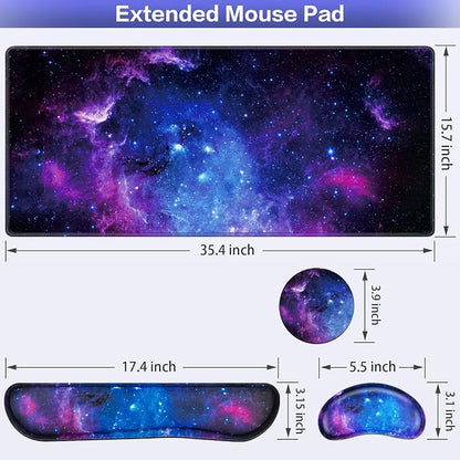 Mouse Pad Galaxy with Wrist Rest, 4-in-1 Large Mousepad+Keyboard Wrist Rest+Mouse Pad Wrist Support+Cup Pad Set,Ergonomic Mouse Pad,Anti-Slip,Memory Foam Desk Mat for Home Office Gaming(35.4×15.7in)