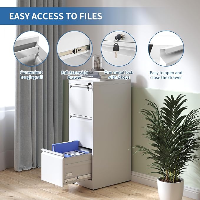 3 Drawer File Cabinet with Lock,Metal Vertical Filing Cabinets for Home Office,Heavy Duty File Storage Cabinet for Letter/Legal/A4/F4 Size File,Assembly Require (White, Vertical 3 Drawer)