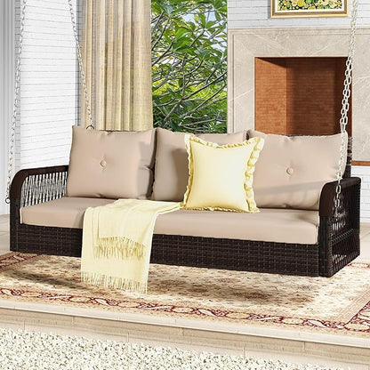 DWVO 3 Seats Porch Swing Hanging Bench Swing Outdoor Wicker Patio Swing Lounge Front Rattan 794lbs for Garden, Balcony, Brown&Beige