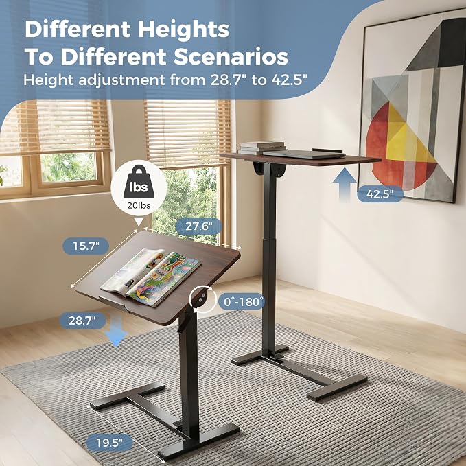 Overbed Table Adjustable Bedside Desk with Wheels Brown | Pneumatic Lift Design Offers Easy Height Adjustment for Bed and Sofa Use