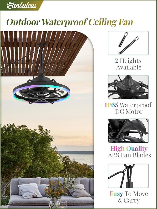 Fanbulous Outdoor RGB Ceiling Fans with Light for Patios, 20" Waterproof Plug in Ceiling Fan, Gazebo Fan Remote&APP Control, 3CCT Dimmable,Caged Ceiling Fan with Hanging Hook for Porch, Pergola