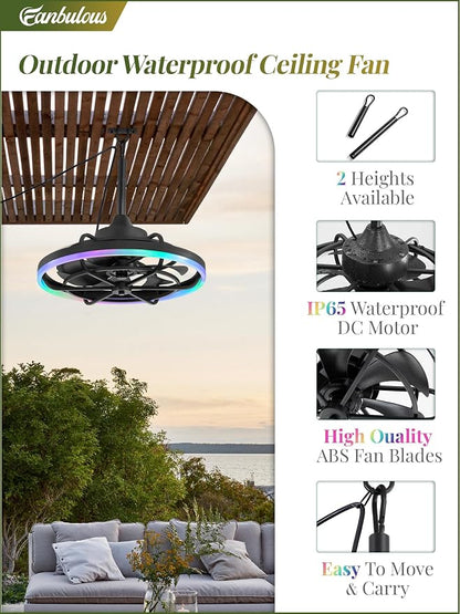 Fanbulous Outdoor RGB Ceiling Fans with Light for Patios, 20" Waterproof Plug in Ceiling Fan, Gazebo Fan Remote&APP Control, 3CCT Dimmable,Caged Ceiling Fan with Hanging Hook for Porch, Pergola