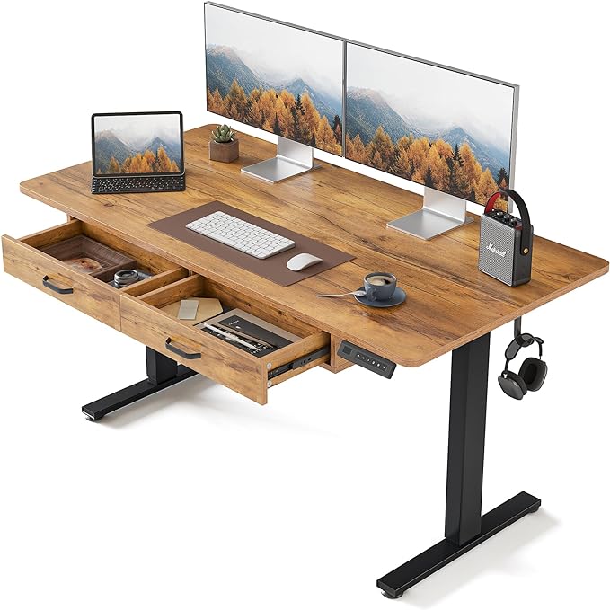 FEZIBO Adjustable Height Electric Standing Desk with Double Drawer, 55x 24 Inches Stand Up Home Office Desk with Splice Tabletop, Black Frame/Fir Brown Top