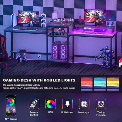 Unikito Two Person Desk with LED Light and Power Outlet, Double Computer Desks with Monitor Stand and Printer Stand, Double Gaming Computer Desk, Long Gaming Desk, Home Office Work Desk, Black Oak