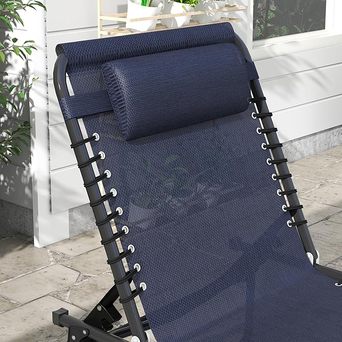 Outsunny Folding Chaise Lounge Chair Set of 2, Patio Sun Tanning Chair, Outdoor Chaise Lounger with 4-Position Reclining Back, Breathable Mesh Seat for Beach, Poolside, Dark Blue