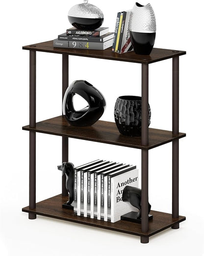 Furinno TURN-N-TUBE Storage Shelves, 3-Tier Book Shelf, Corner Shelf, Toolless Open Shelves, for Organization and Storage, Living Room, Garage, Home Office, Walnut