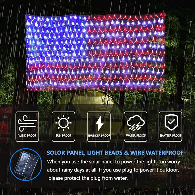 Solar American Flag String Lights - Waterproof 420 Led Solar Powered Flag Net Light for 4th of July Memorial Day Decorations Yard Garden Christmas Festival Holiday Patriotic Party Decoration Outdoor