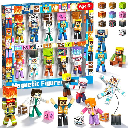 Annexfun 20 Pcs Magnetic Action Figures Playset, Magnetic Building Block City Toys with Magnetic Cubes, 360° Rotating Arms and Legs, Creative Play Set for Kids 6+, Birthday Gifts for Boys Girls