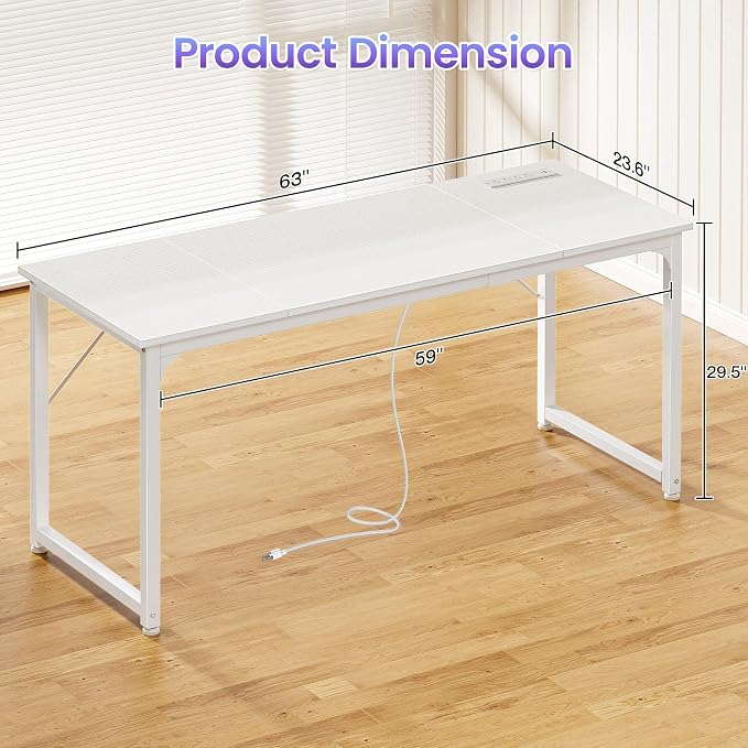 PRAISUN 63 X 24 Inch Computer Desk, Power Outlets, USB-C, White | Office Desk with 4 AC Outlets, USB & USB-C, Sturdy Metal Frame, Spacious Desktop for Work, Writing, Study & Gaming