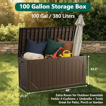 100 Gallon Outdoor Storage Box, Waterproof Resin Deck Box Organizer for Patio Cushion Storage, Lockable Outside Container for Garden Tools
