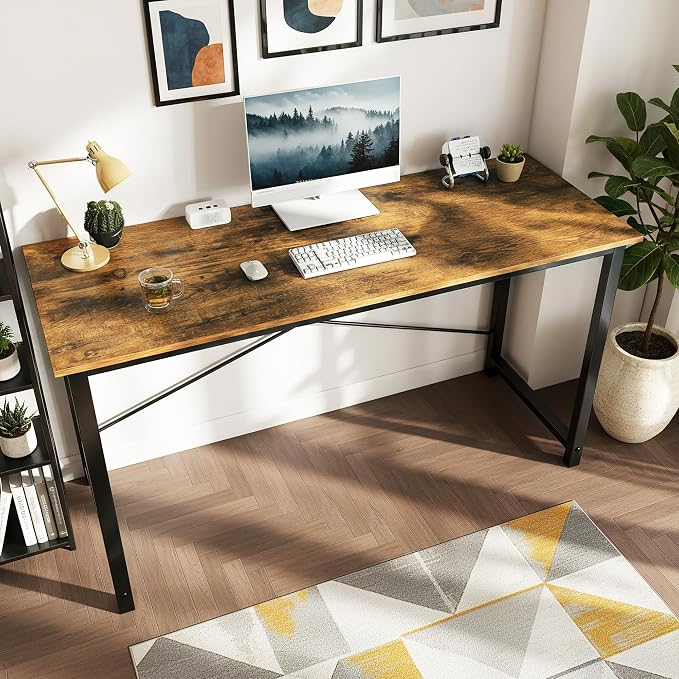 OLIXIS 55 Inch Computer Office Desk for Small Spaces, Writing Gaming Work Desk Modern Study Table with Storage Bag & Headphone Hook Home Bedroom, Rustic Brown | Gaming Work Writing Workstation, Home Office, Bedroom, Sturdy Design, Rustic Brown