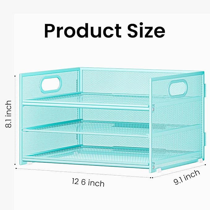 Subekyu 2-Pack 3-Tier Blue Metal Mesh Desk Paper Letter Tray & File Sorter Organizer with Handle + 1 Sliding Tray for Desk, Home, Office, School Supplies, A4 Paper and Accessories Storage