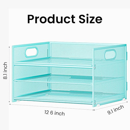 Subekyu 2-Pack 3-Tier Blue Metal Mesh Desk Paper Letter Tray & File Sorter Organizer with Handle + 1 Sliding Tray for Desk, Home, Office, School Supplies, A4 Paper and Accessories Storage