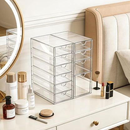 Prsildan Hair Accessories Organizer Acrylic Drawer with 10 Drawers | Clear, Craft Art Supply Storage, For Office Desk Bathroom Vanity Countertop, Set of 2
