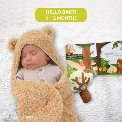 Tickle & Main Forest Animal Newborn Gift Set - 3-Piece, 26 x 29 in Cotton Swaddle Blanket - Plush Tree Rattle & Storybook