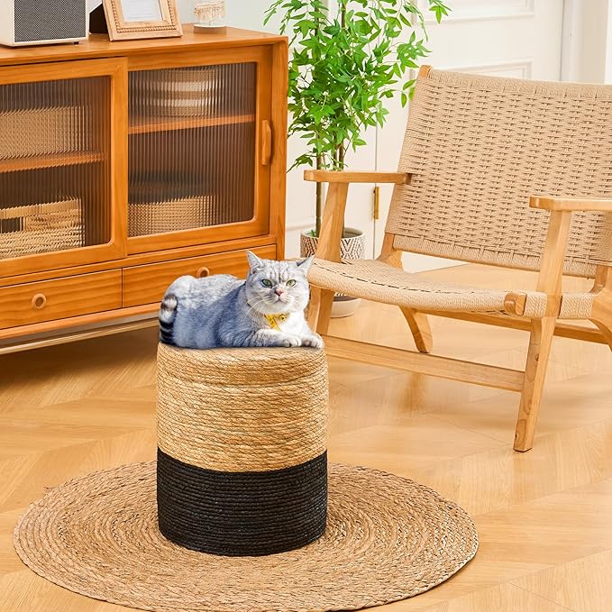 Wimarsbon Round Pouf Ottomans, Handwoven Natural Water Hyacinth Seagrass Pouffe,Outdoor Rattan Stool Accent Seat, Bohemian Coastal Home Decor (Storage -14inch Natural Cattail & Black Corn Shell)