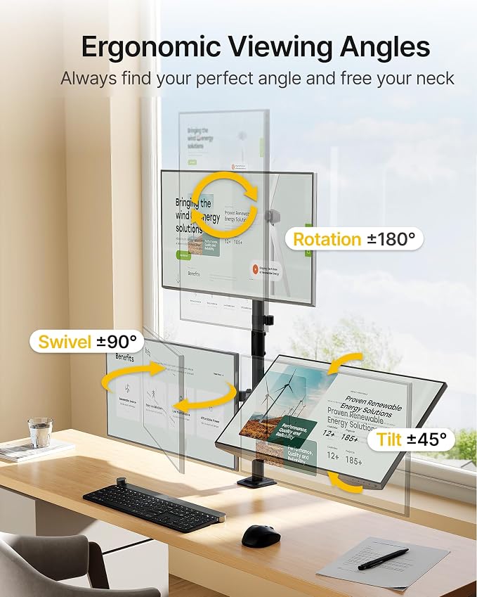 monTEK Triple Monitor Stand for 17-32" Screens, 22 lbs Each | Three-screen desk mount, height adjustment, tilt, swivel, rotation, clamp/grommet bases and VESA 75/100