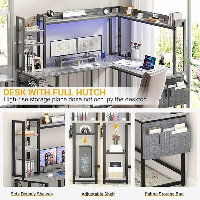 Aheaplus L Shaped Desk with Power Outlet, L Shaped Gaming Desk with Led Light & Hutch, Reversible Home Office Desk, Corner Computer Desk Writing Desk with Monitor Stand & Storage Shelves, White Oak
