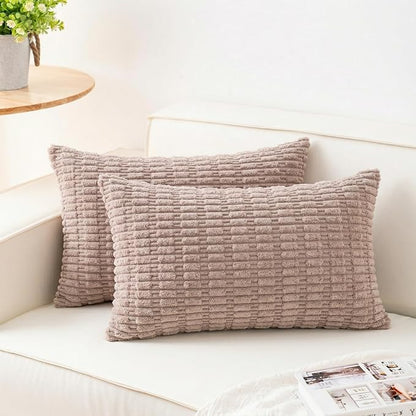 Aegero Pack of 2 Corduroy Decorative Throw Pillow Covers 12x20 Inch Soft Striped Pillow Covers Modern Farmhouse Home Decor for Sofa Living Room Couch Bed（Light Brown）