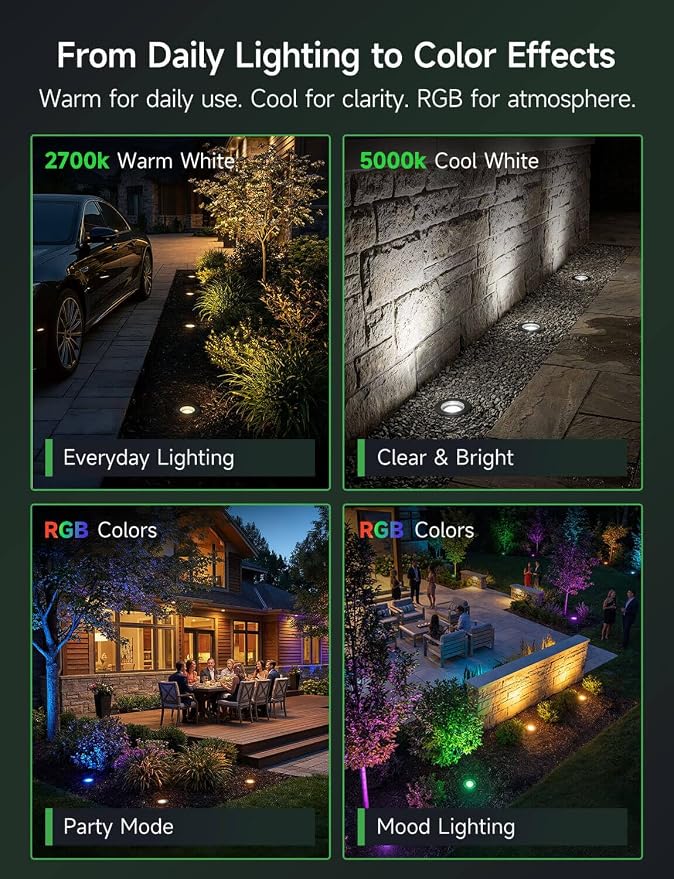 Smart 12V Low Voltage Landscape Lighting for Pathway, Outdoor RGBCW In-Ground Well Lights, App & Remote Control, Replaceable Bulb, IP65 Waterproof, Transformer and Wire Not Included, 4 Pack