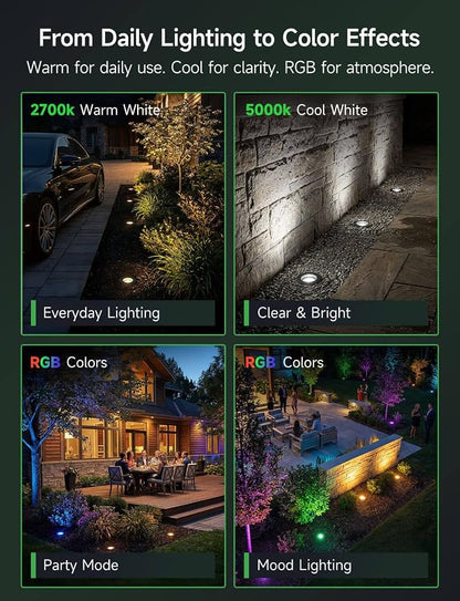 Smart 12V Low Voltage Landscape Lighting for Pathway, Outdoor RGBCW In-Ground Well Lights, App & Remote Control, Replaceable Bulb, IP65 Waterproof, Transformer and Wire Not Included, 4 Pack