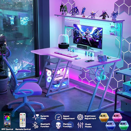 Gaming Computer Desk with Outlets and Storage Shelves, Pink Gaming Desk with Hutch and LED Lights, PC Gaming Desk with Pegboard for Bedroom, Carbon Fiber Pink, 47''