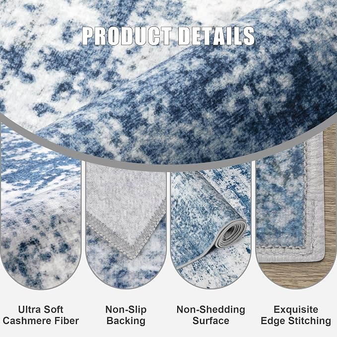 2'x5'Runner Rug Washable Rug: Modern Abstract Soft Thin Runner Rug Blue