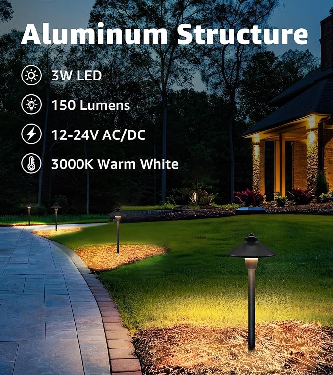 SUNVIE Low Voltage Pathway Lights LED Landscape Lighting 3000K Waterproof Landscape Path Lights 3W Landscape Lighting for Walkway Yard ETL Listed Cord, 12 Pack