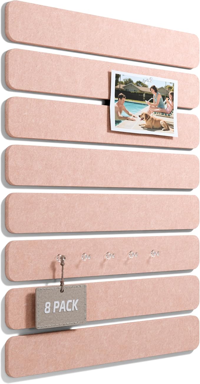 Fluxynara 13" x 2" Felt Wall Panels, Pink | 8-Pack Includes 50 Push Pins and Adhesive Tabs for Photos, Notes and Decor in Bedroom Doors, Home Office or Studios