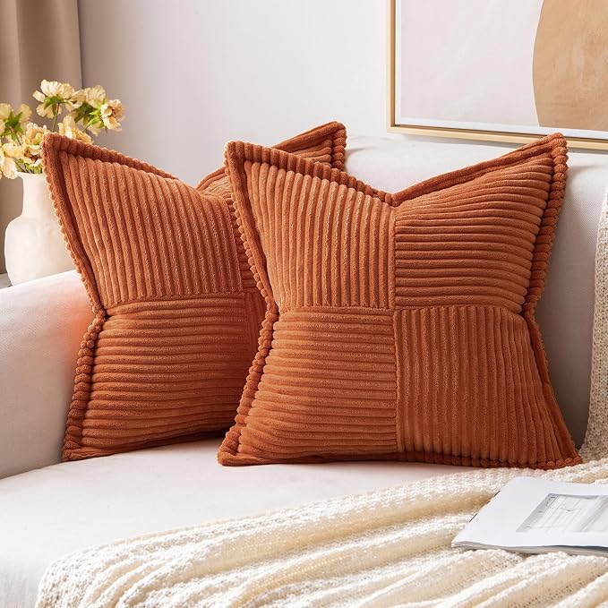 MIULEE Fall Rust Decorative Throw Pillow Covers for Couch Bed Livingroom 16x16 Inch Set of 2 Boho Accent Throw Pllows Broadside Striped Patchwork Soft Corduroy Pillowcases, Terracotta