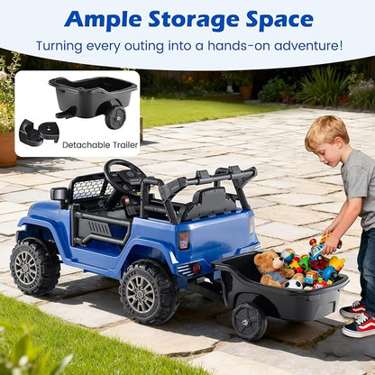 Costzon Ride on Car with Detachable Trailer, 12V Battery Powered Ride on Truck with Parent Remote Control, Light & Music, Electric Vehicle Kids Car Toy for Boys & Girls (Blue)