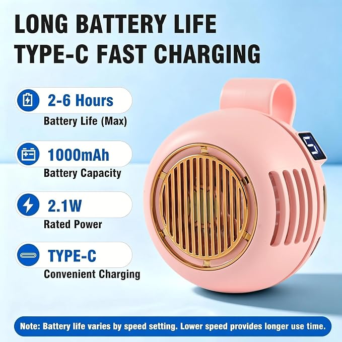Wearable Waist Fan Rechargeable, 360° Rotating Clip-On Personal Fan 5-Speed Bladeless Portable Cooling Fan for Shirt, Outdoor Work, Construction, Camping, Gardening,Office, Travel Essentials Cute Pink
