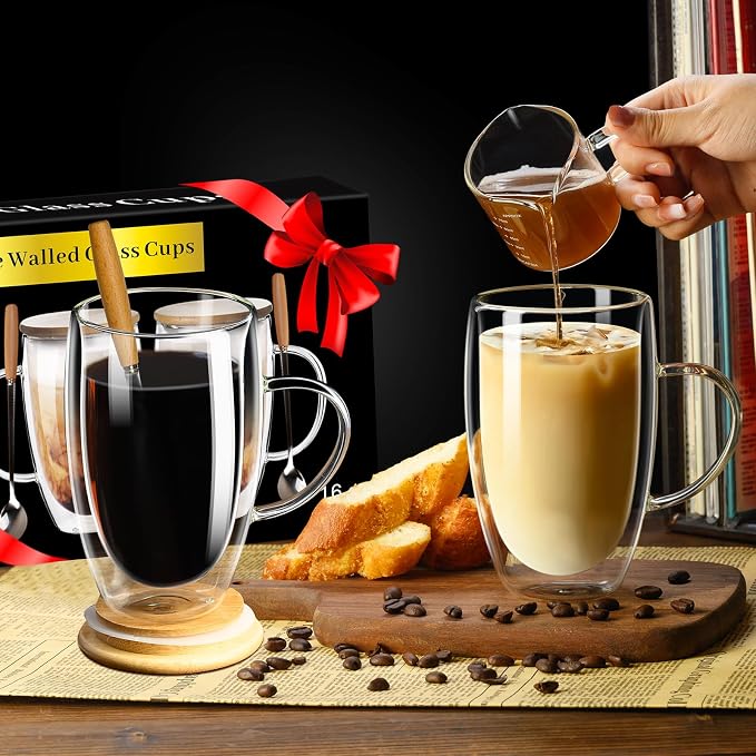 PARACITY Double Wall Glass Coffee Mugs 16OZ with Bamboo Lid/Spoon, Glass Coffee Cups Set of 2 with Handle, Insulated Clear Coffee Mug, Perfect for Latte, Cappuccino, Espresso, Hot Beverage, Tea | Each clear cup has a handle, bamboo lid and wooden spoon...