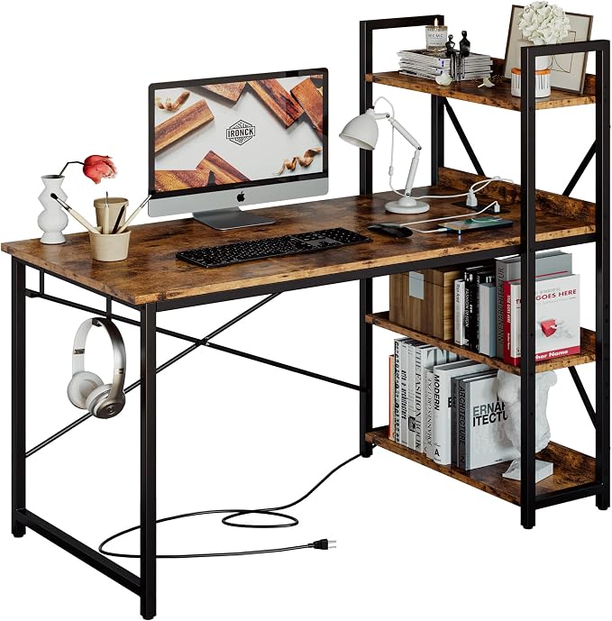 IRONCK Computer Desk 47" with Power Outlet and Storage Shelves,Rustic Brown | Study Writing Table with USB Ports Charging Station, PC Desk Workstation for Home Office