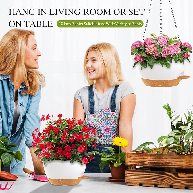10 Inch Hanging Baskets 2 PC with Chains, Self-Watering Hanging Planters for Indoor Outdoor Plants, Plastic Hanging Flower Pots,White Brown
