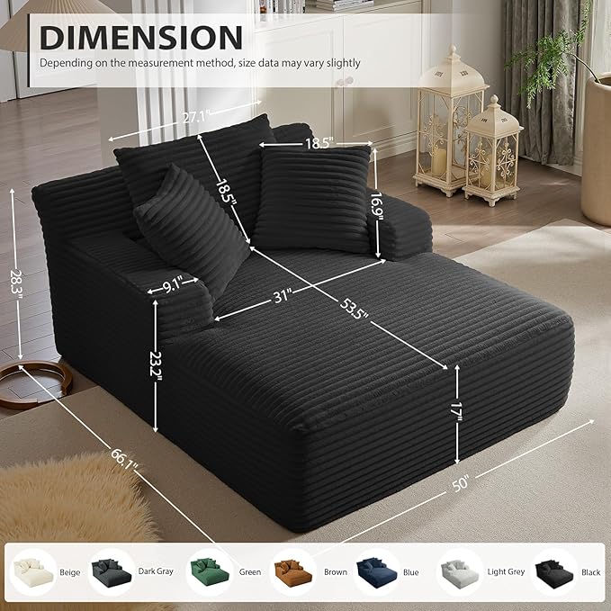 50 Inches Chaise Lounge Indoor, Oversized Chaise Lounge Chair with 3 Throw Pillows and Armrests, Corduroy Upholstered Plush Sofa Bed Lazy Chair Bed Sleeper Chair for Living Room Apartment (Black)