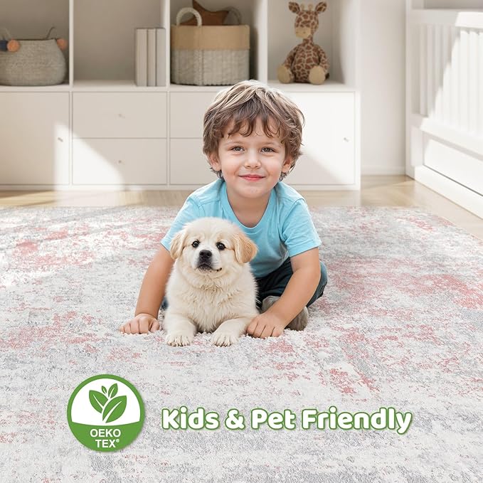 Pink Rug 5x7 Living Room: Washable Large Abstract Neutral Modern Soft Rug Stain Resistant Indoor Floor Non-Slip Accent Carpet for Girl Bedroom Nursery Playroom Office Dining Room Home