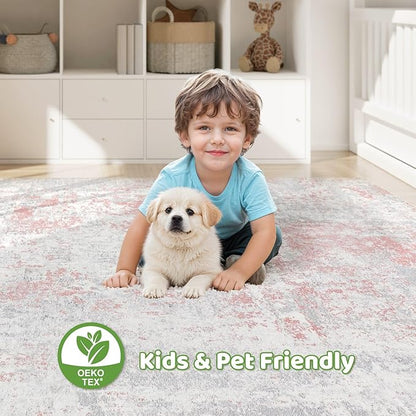Pink Rug 5x7 Living Room: Washable Large Abstract Neutral Modern Soft Rug Stain Resistant Indoor Floor Non-Slip Accent Carpet for Girl Bedroom Nursery Playroom Office Dining Room Home