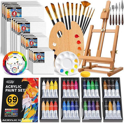 ARTALLY Acrylic Paint Set for Adults & Kids, 69 Pcs Canvas Painting Kits, 32 Colors Acrylic Paint (22ML),Table Easel,Brushes,Canvas, Art Painting Supplies Kit for Students,Artists,Beginners