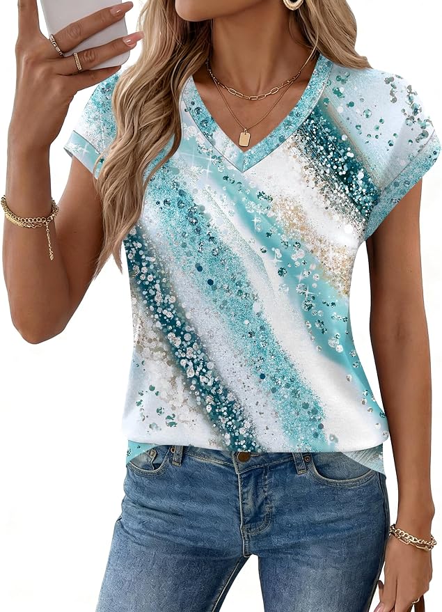 Rapbin Womens Summer Tops Women Blouses Dressy Casual V Neck T Shirts Short Sleeve Spring Tops for Women