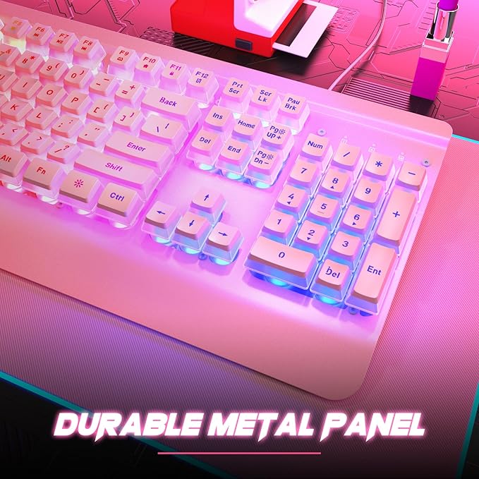 Pink Creamy Keyboard, 104 Keys All-Metal Panel, Rainbow LED Backlit Silent Gaming Keyboard, Wrist Rest, PBT Keycap, Anti-ghosting Keys, Light Up USB Wired Computer Keyboard for PC | Pink Creamy Keyboard Rainbow LED Backlit, Wrist Rest, PBT keycaps, Ant...