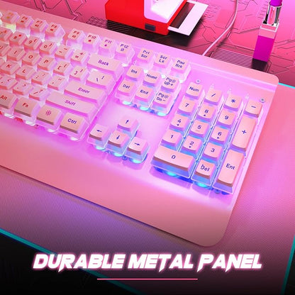 Pink Creamy Keyboard, 104 Keys All-Metal Panel, Rainbow LED Backlit Silent Gaming Keyboard, Wrist Rest, PBT Keycap, Anti-ghosting Keys, Light Up USB Wired Computer Keyboard for PC | Pink Creamy Keyboard Rainbow LED Backlit, Wrist Rest, PBT keycaps, Ant...
