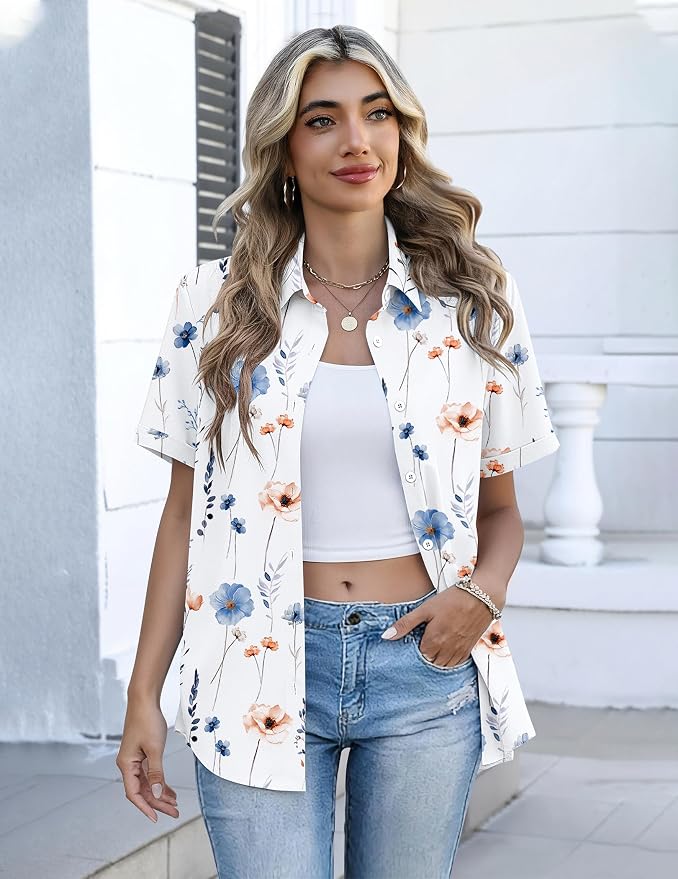 Zeagoo Button Down Shirts for Women Short Sleeve Collared Tops Dressy Casual V Neck Blouses