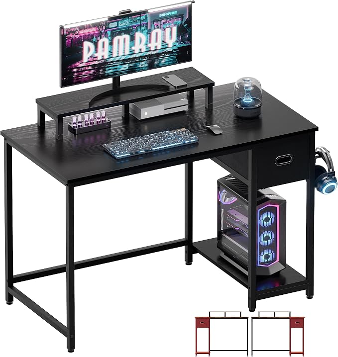 Pamray 39 Inch Small Computer Desk with Monitor Stand and Drawer for Gaming | Small Gaming Desk, for Bedroom Small Spaces, Home Office, Dorm and Apartment, for Writing, Study and Working