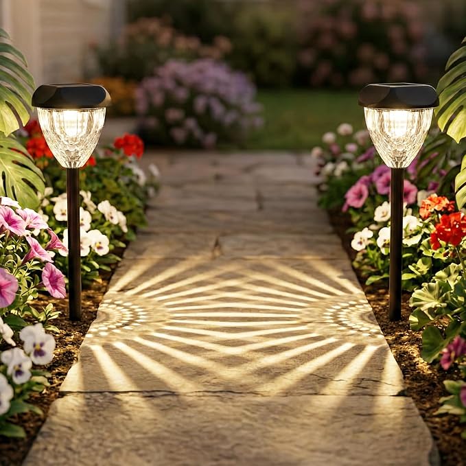 Ensenior Solar Pathway Lights Outdoor - 8-Pack, 3000K LED Landscape Garden Lights, IP65 Waterproof, Tool-Free Auto ON/Off for Garden Yard Patio Walkway Landscape, 14.17" Height
