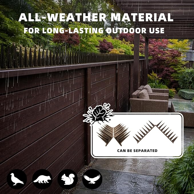 Bird Spikes, 24 Pack, 33.5 FT Total Coverage, Outdoor Bird Deterrent for Pigeons and Small Birds, Helps Keep Cats and Squirrels Away, Plastic Spikes for Fences, Railings and Roofs, Brown