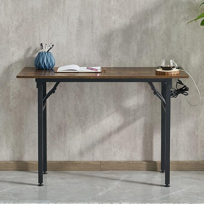 Frylr Foldable Desk 31.5'',Small Desks for Small Spaces with Power Outlet and USB Ports Charging Station,folding computer desk,Home Office Collapsible Desk,Stable Metal Frame,Rustic Brown
