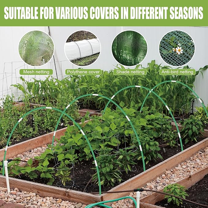 60PCS Garden Hoops for Raised Beds, 8FT Rust-Free Fiberglass Greenhouse Hoops, DIY Frame Stake to Create Grow Tunnels, Plant Support Row Covers & Garden Netting, 40Pcs Clips